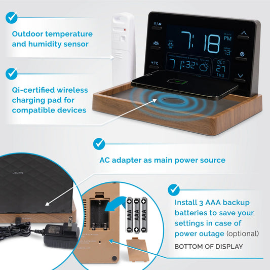 Weather Valet Charging Pad Alarm Clock, Black with Walnut Finish