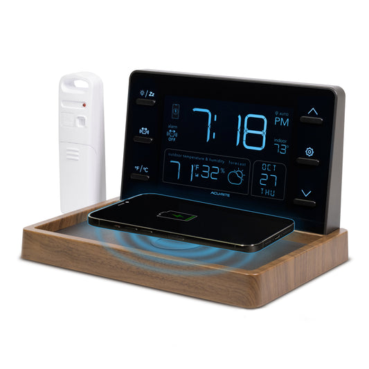 Weather Valet Charging Pad Alarm Clock, Black with Walnut Finish